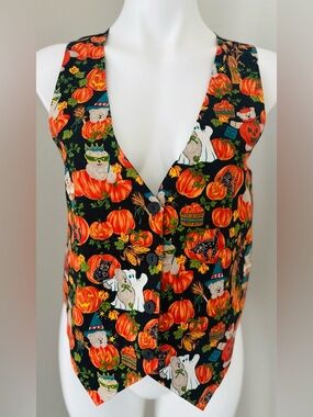 Vintage 1990s Basic Editions Halloween Vest Whimsical Teddy Bears Pumpkins Ghost
